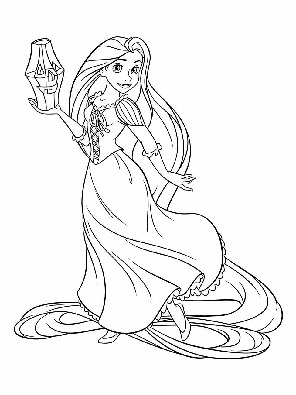 Desenho para colorir de Rapunzel segurando uma lanterna.