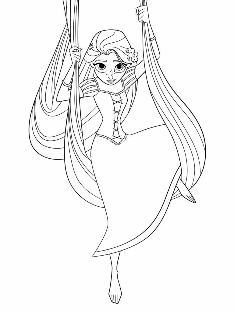 Desenho para colorir de Rapunzel balançando em seu cabelo.