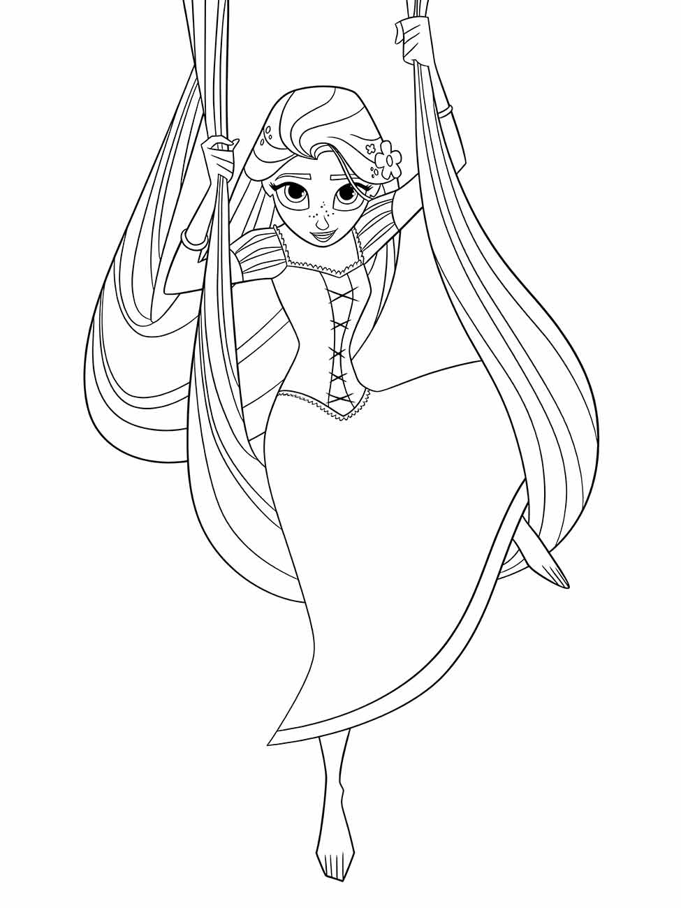 Desenho para colorir de Rapunzel balançando em seu cabelo.