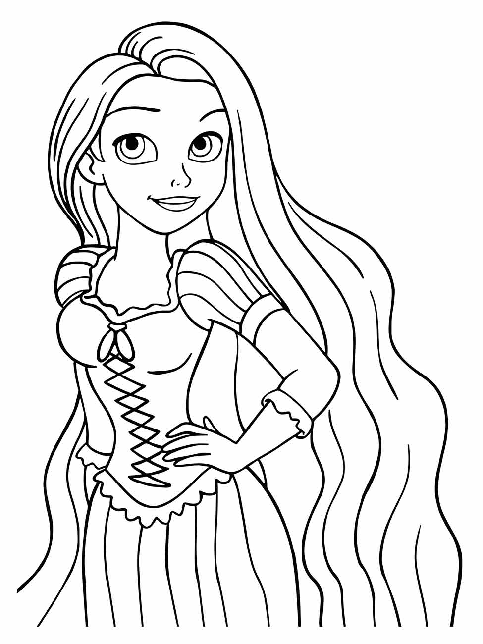 Desenho de Rapunzel para colorir de perfil com a mão no quadril.