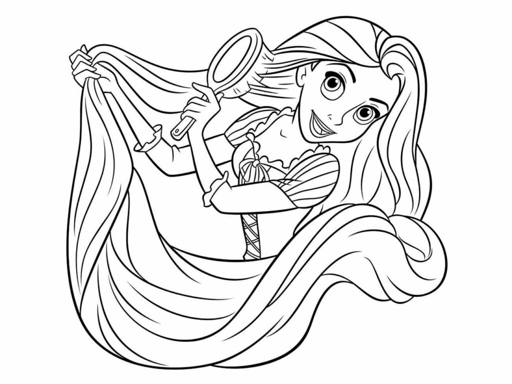 Desenho para colorir de Rapunzel penteando seu longo cabelo com uma escova.