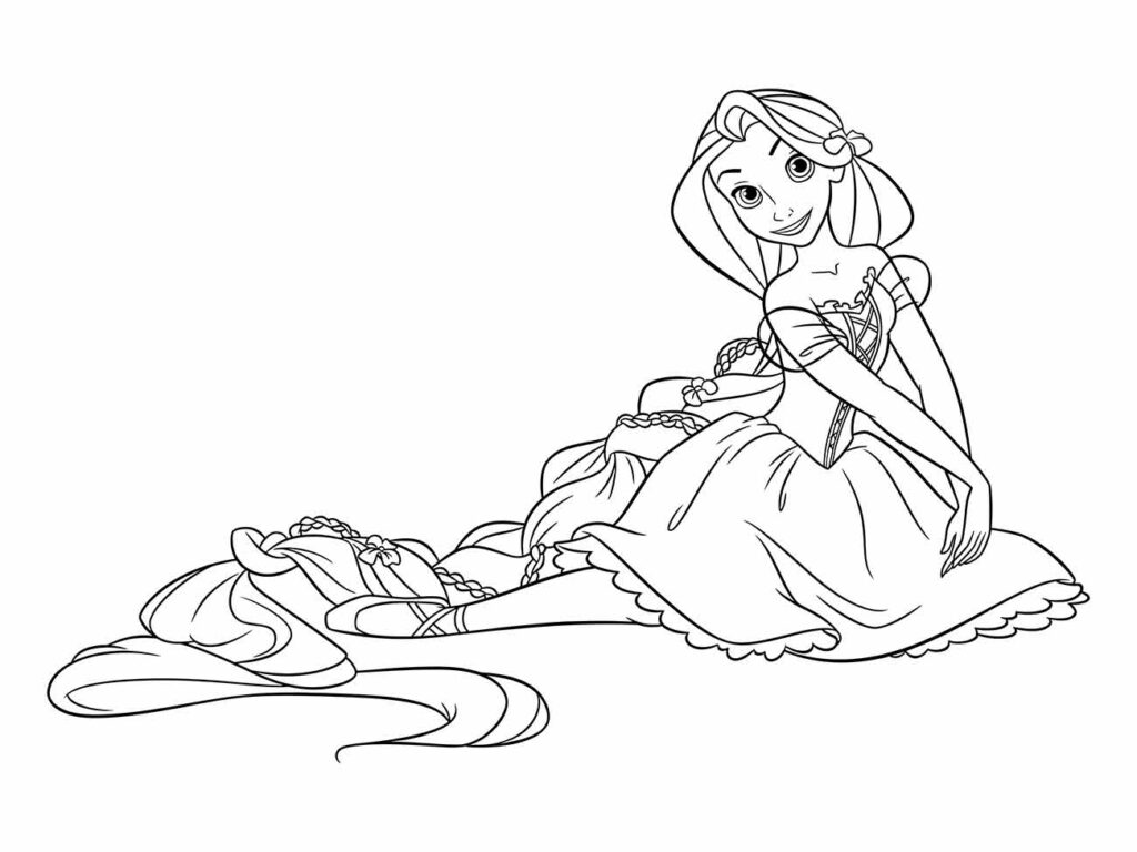 Desenho para colorir de Rapunzel sentada.