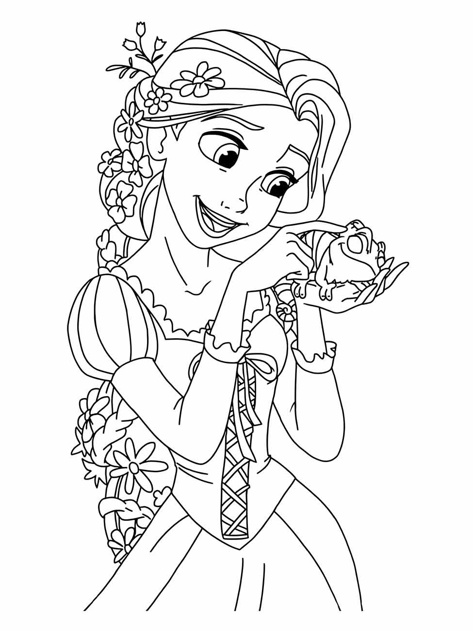 Desenho para colorir de Rapunzel segurando Pasca.