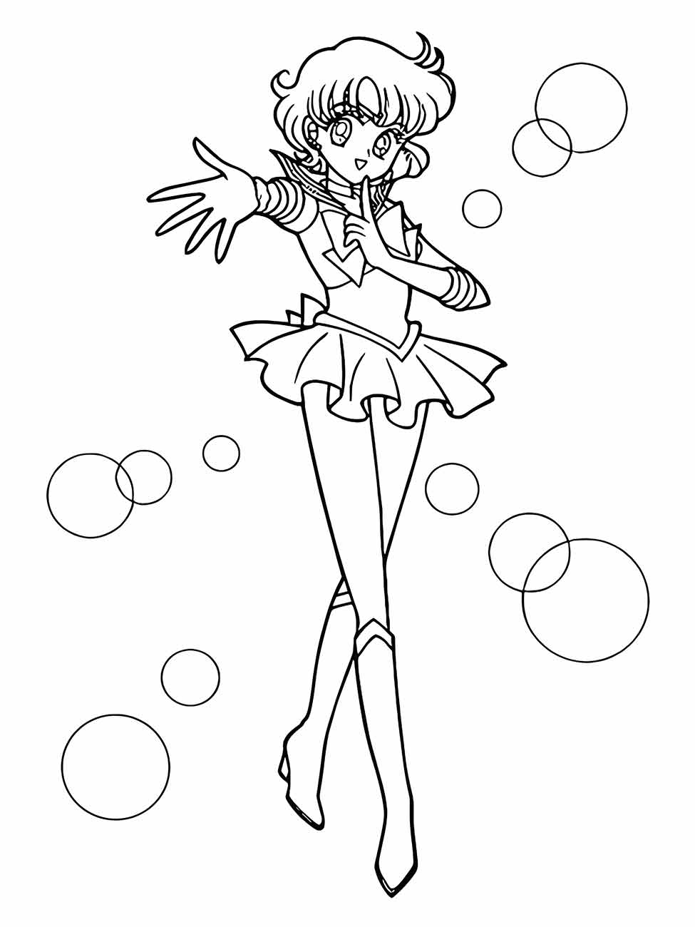 Desenho para colorir de Sailor Mercury com bolhas ao redor, em uma pose de ação.