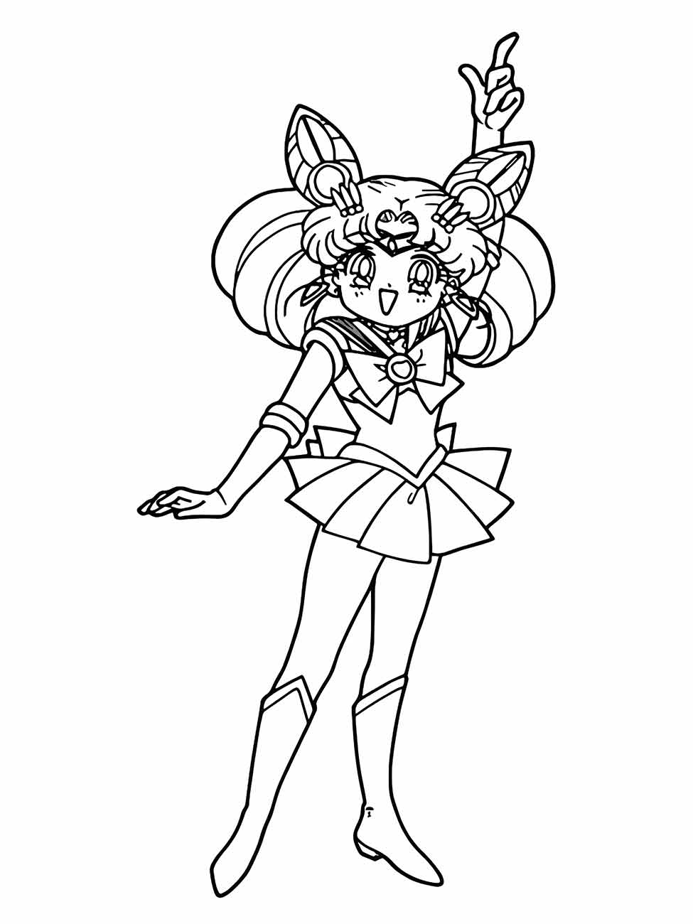 Desenho para colorir de Sailor Chibi Moon apontando para cima, com laços e joias detalhadas.