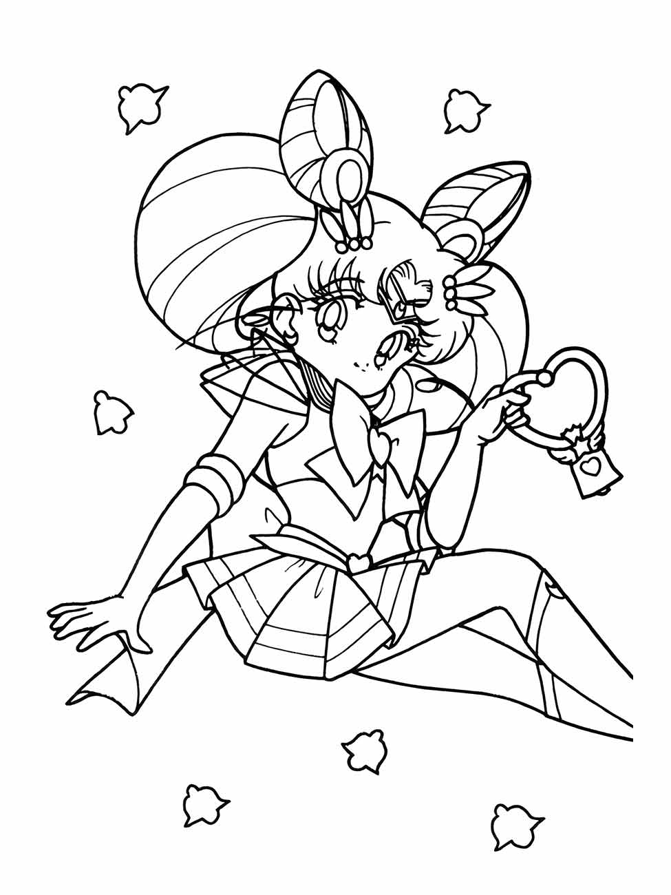 Desenho para colorir de Sailor Chibi Moon sentada, cercada por estrelas e segurando uma lockbox.