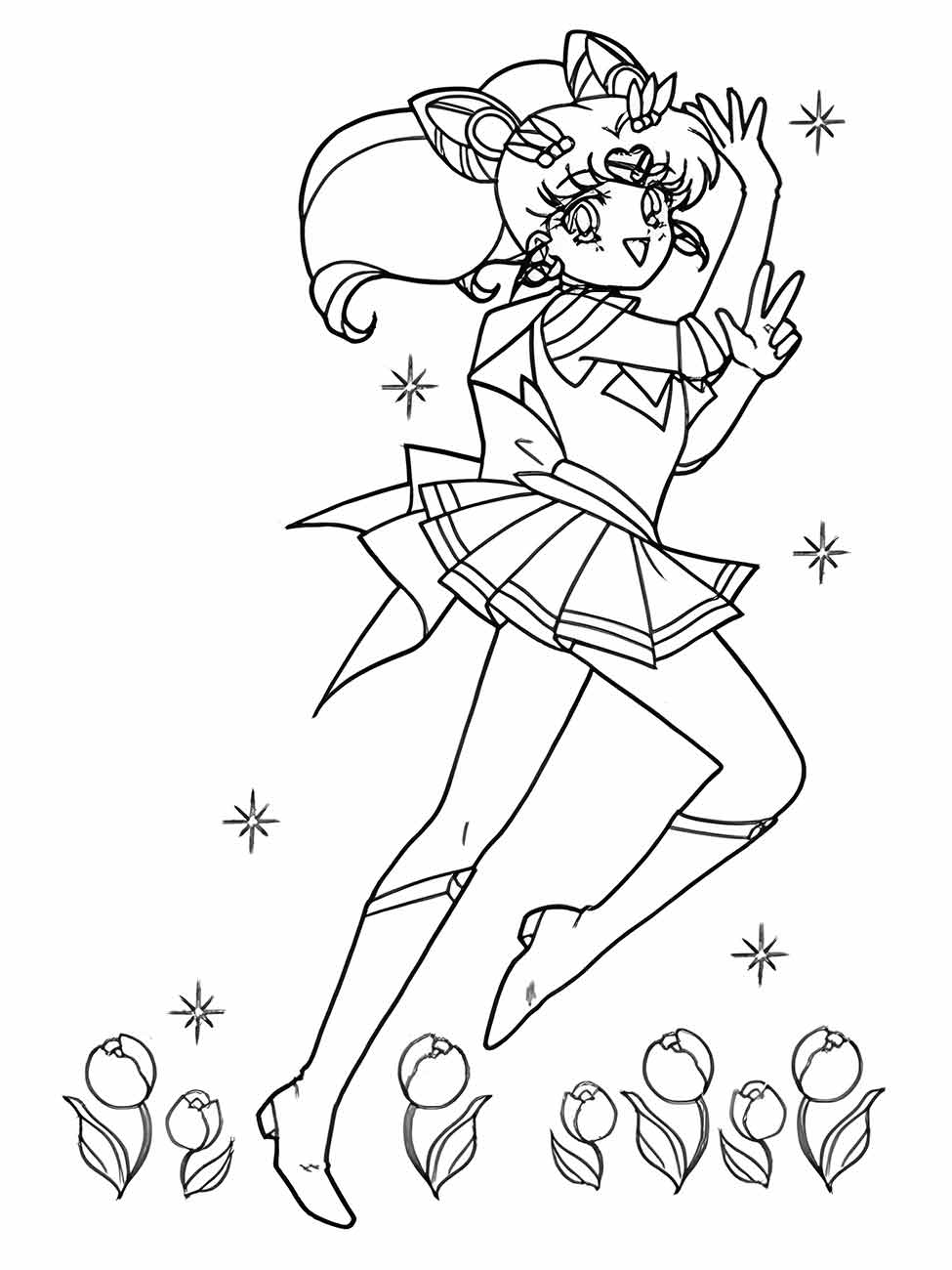 Desenho para colorir de Sailor Chibi Moon dançando entre estrelas e botões de rosa.