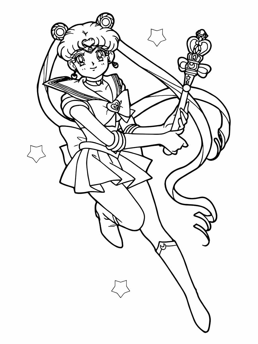 Desenho para colorir de Sailor Moon em pose de combate com cetro e estrelas ao fundo.