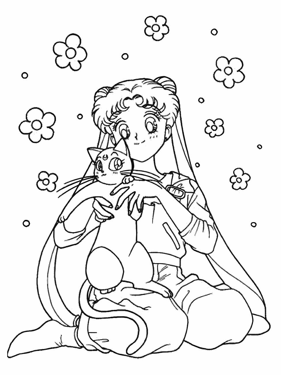 Desenho para colorir de Sailor Moon segurando um gato com flores e bolhas ao redor.