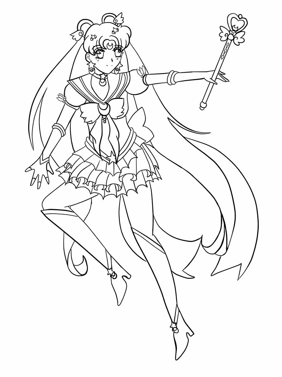 Desenho para colorir de Sailor Moon em pose de combate com cetro e detalhes ornamentais.