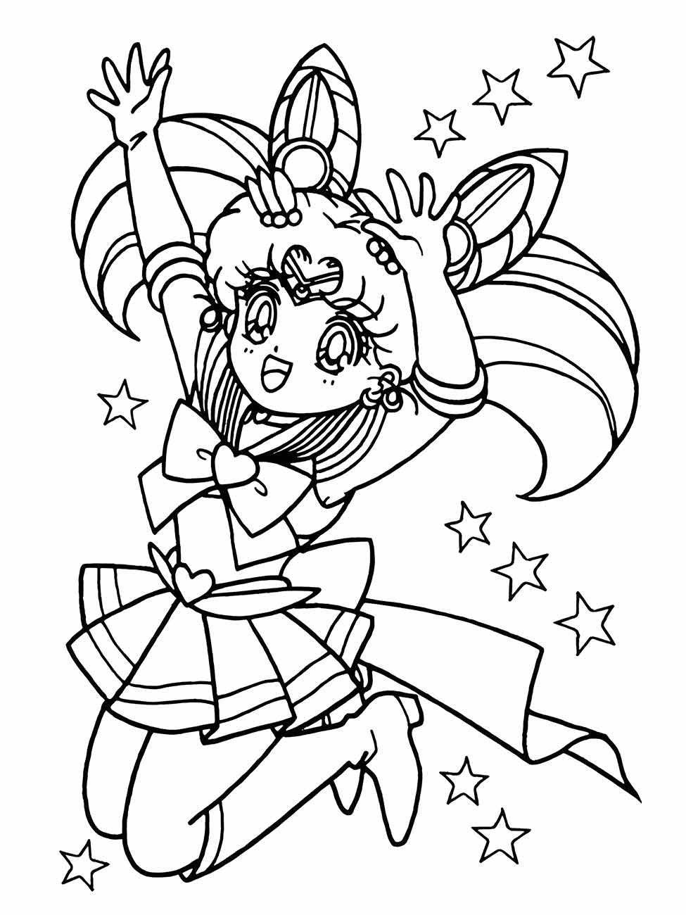 Desenho para colorir de Sailor Moon pulando com estrelas e laço grande, exibindo um sorriso radiante.