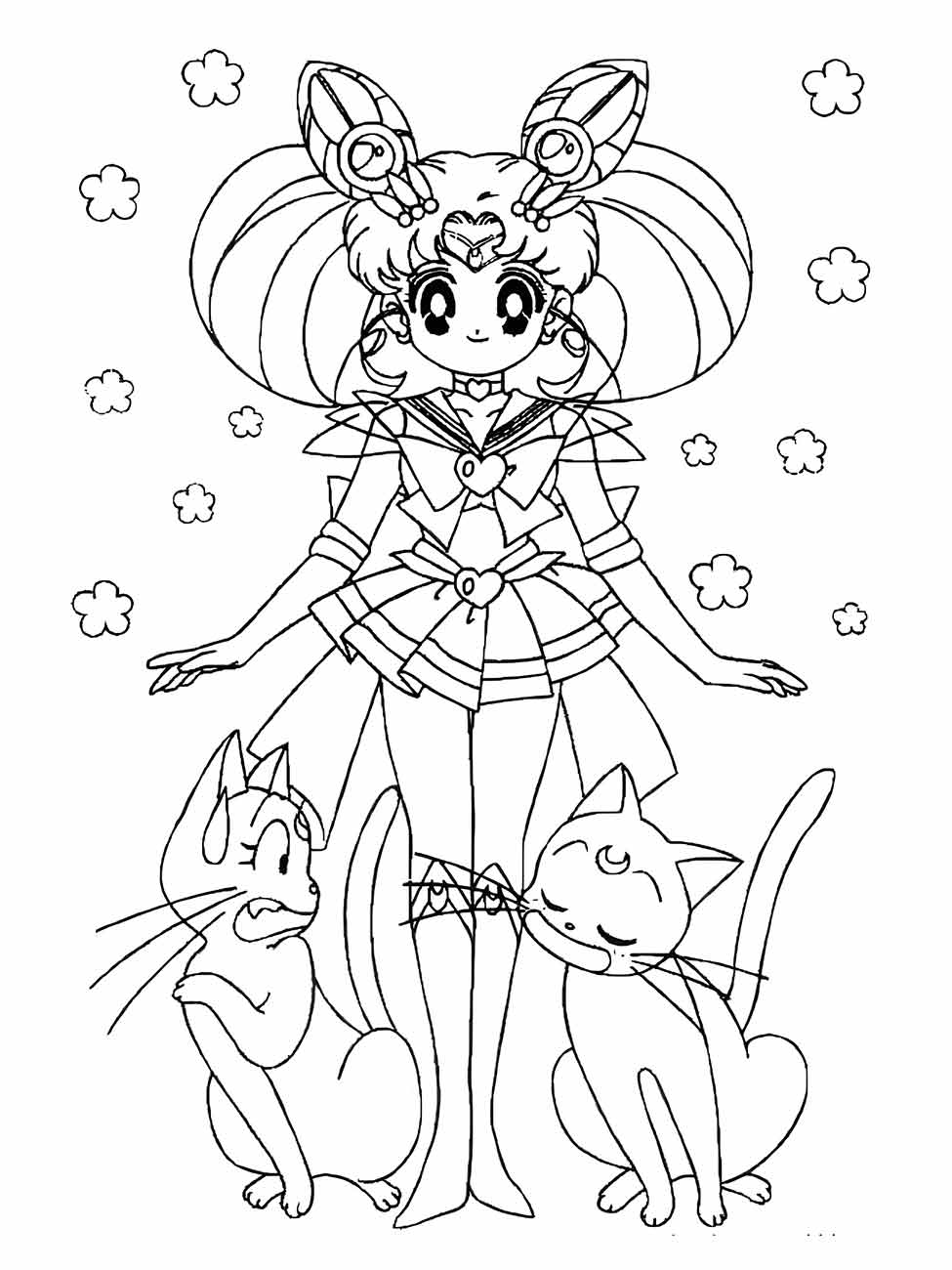 Desenho para colorir de Sailor Chibi Moon com flores e dois gatos a seus pés.