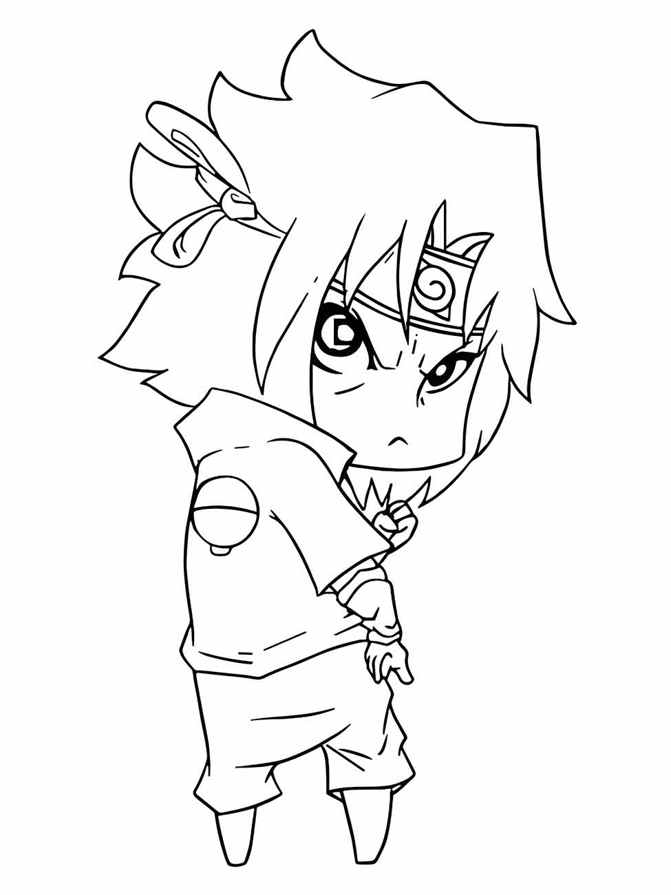 Desenho para colorir de Sasuke criança com expressão séria.