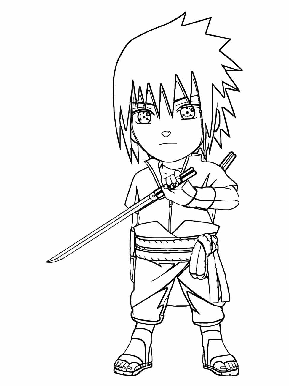 Desenho para colorir de Sasuke criança segurando uma espada longa.