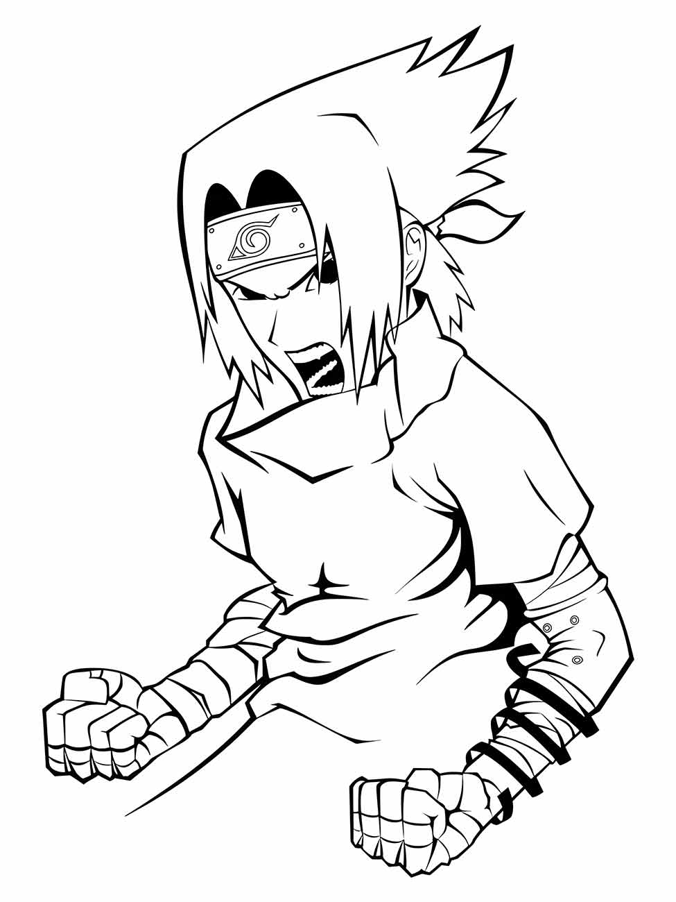 Desenho para colorir de Sasuke com uma expressão agressiva, preparando-se para um ataque.