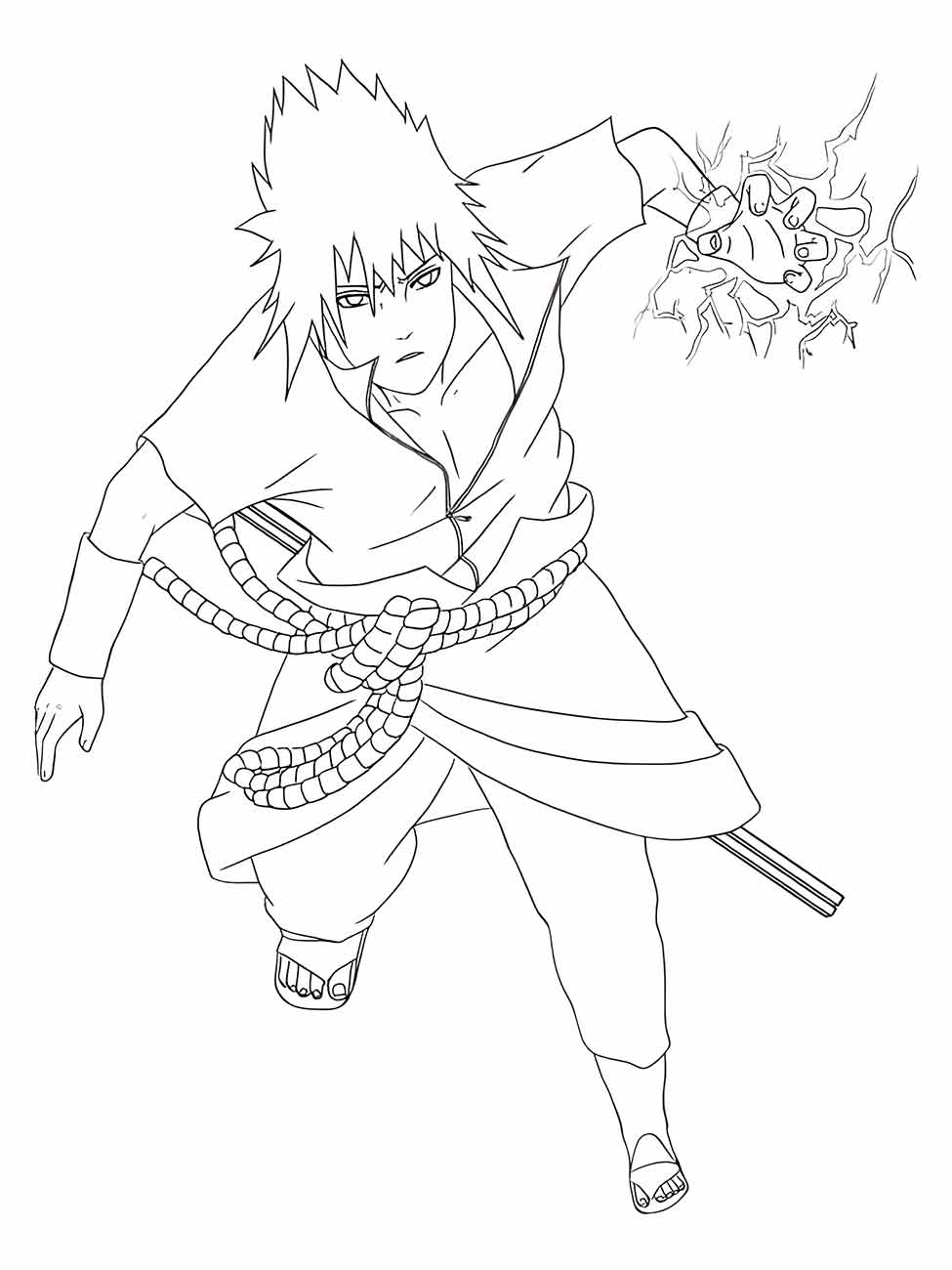 Desenho para colorir de Sasuke executando um jutsu com uma mão, enquanto chamas emergem dela.