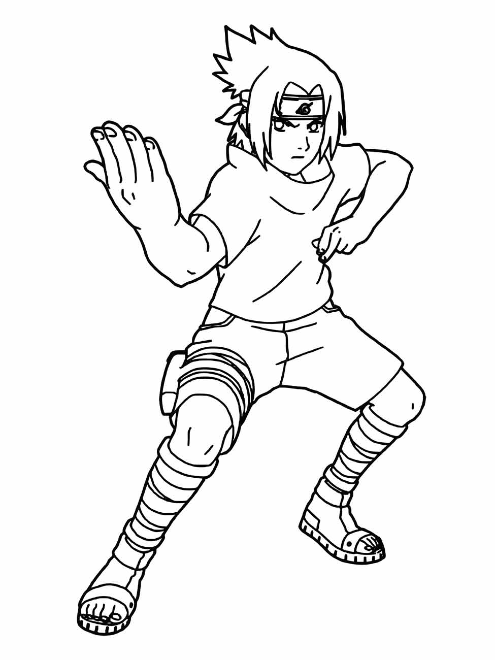 Desenho para colorir de Sasuke em posição de combate com uma mão estendida.