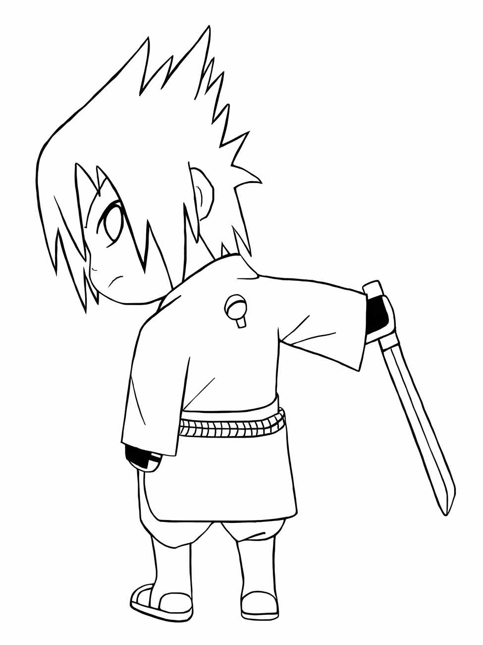 Desenho para colorir de Sasuke com uma espada sobre o ombro e olhando para trás.