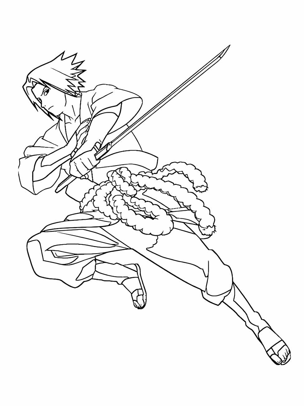 Desenho para colorir de Sasuke avançando com uma espada em uma mão.