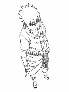 Desenho para colorir de Sasuke caminhando para a frente, com uma expressão confiante.