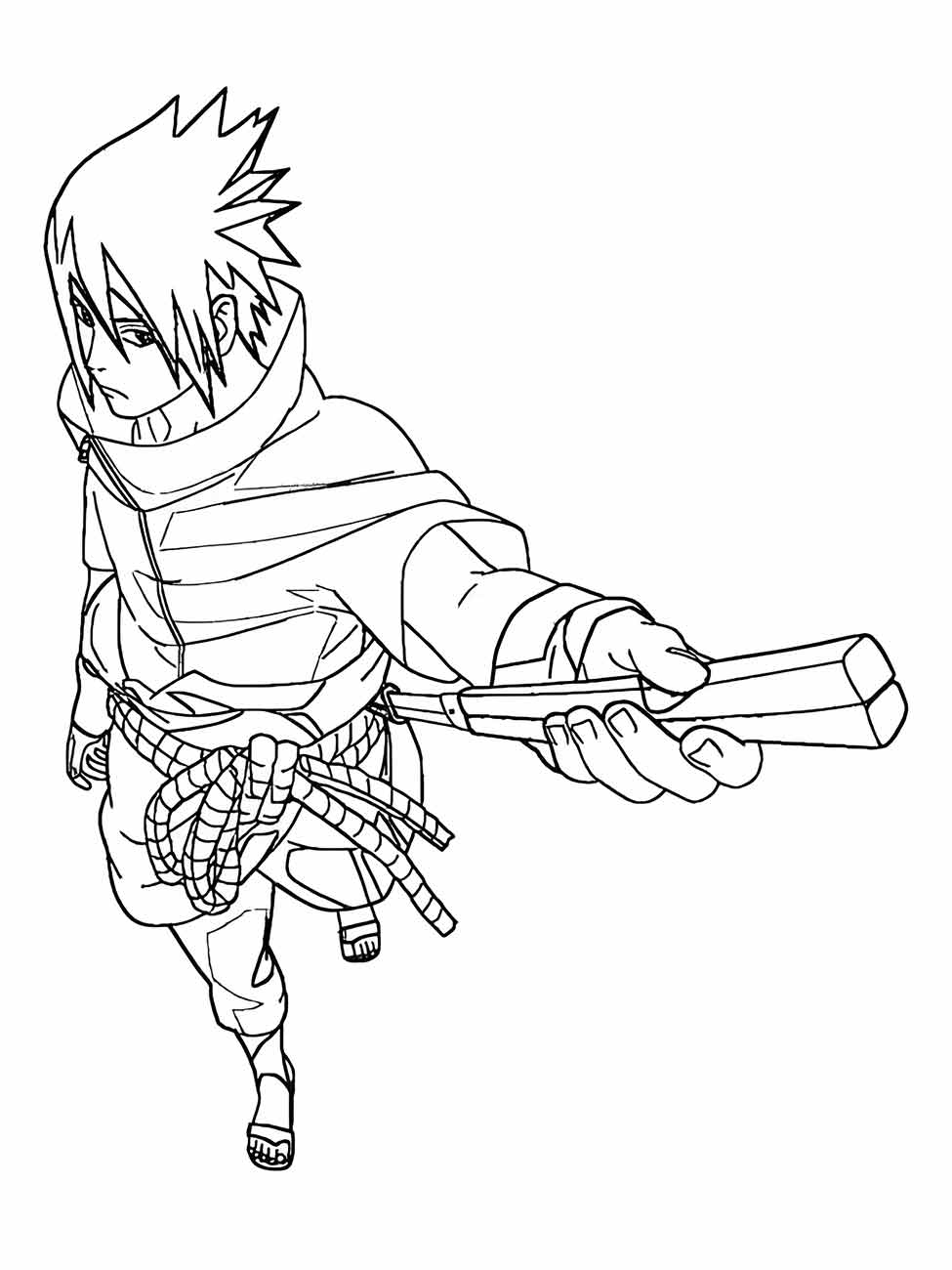 Desenho para colorir de Sasuke em pose de ação com espada na cintura.