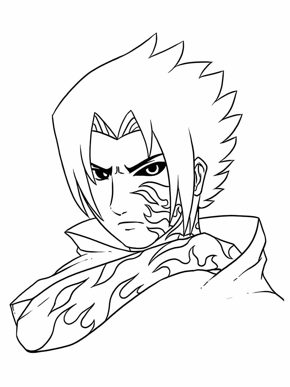 Desenho para colorir de Sasuke com detalhe de marca no rosto.