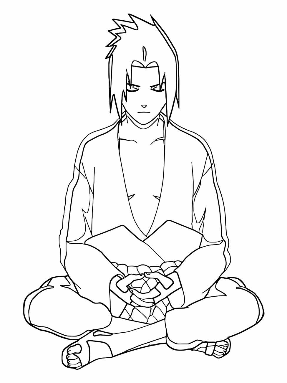 Desenho para colorir de Sasuke meditando com as mãos juntas.