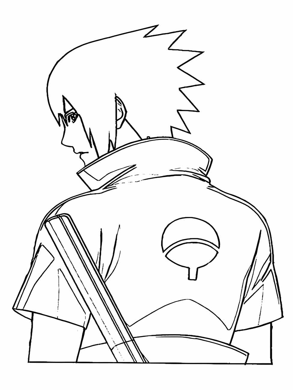 Desenho para colorir de Sasuke visto de costas, com detalhe do símbolo do clã Uchiha.