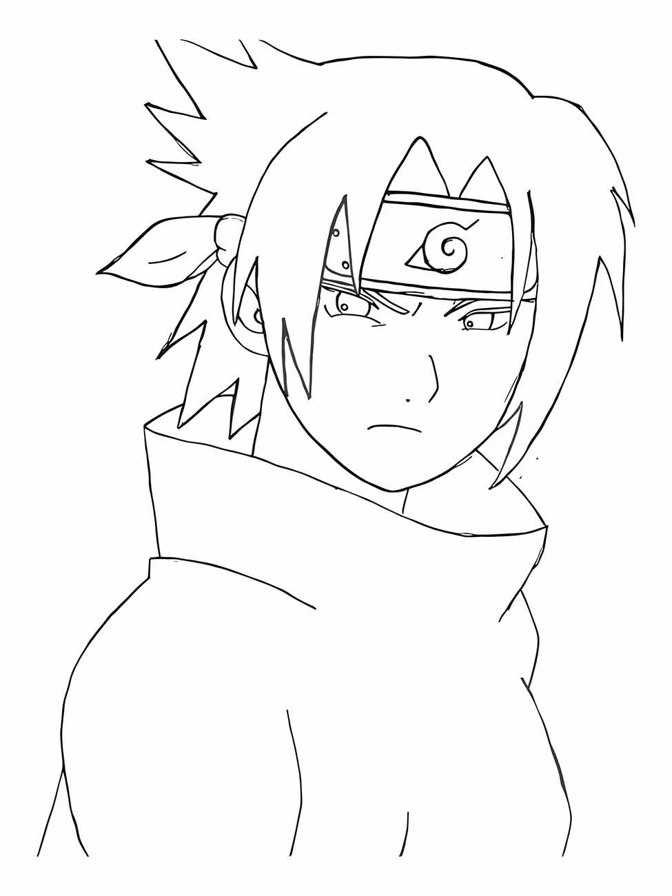 Desenho para colorir de Sasuke com expressão séria, usando bandana de Konoha.