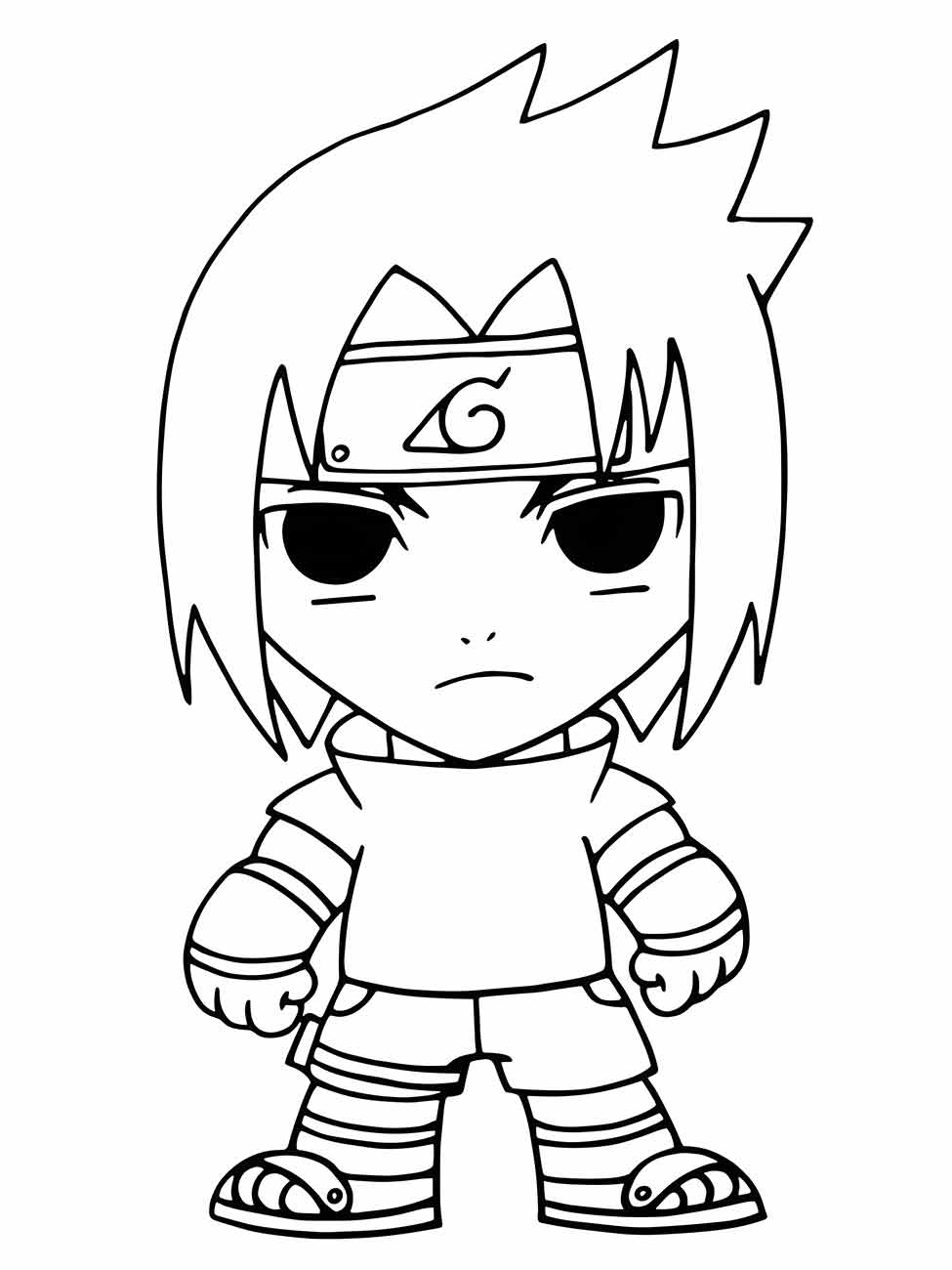 Desenho para colorir de Sasuke em estilo chibi, com braços abertos e expressão zangada.