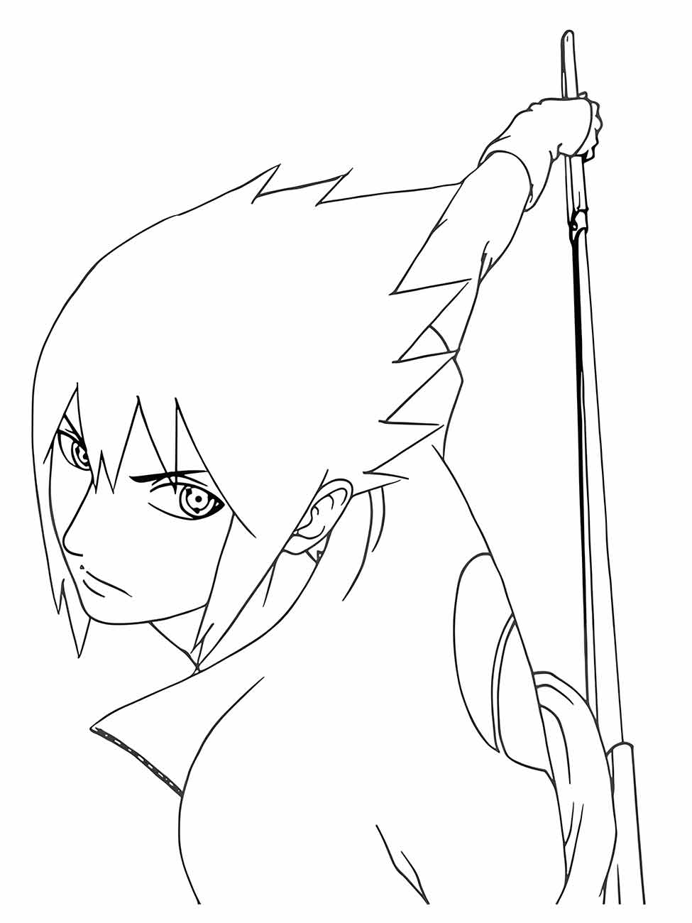 Desenho para colorir de Sasuke segurando uma lança, olhando por cima do ombro.