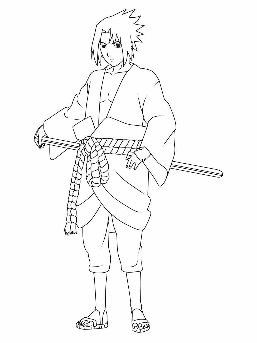 Desenho para colorir de Sasuke segurando uma espada longa, com expressão calma e determinada.