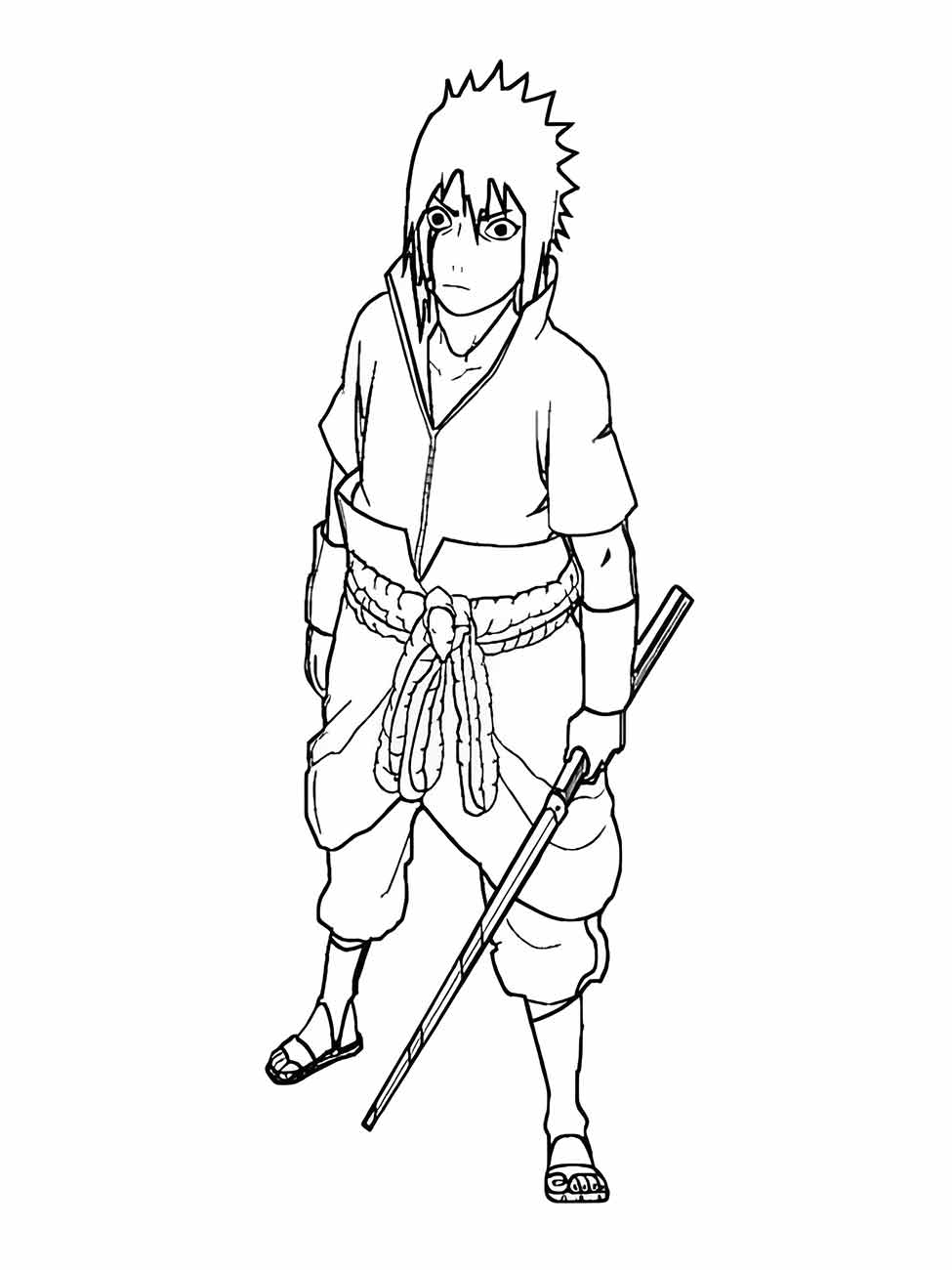 Desenho para colorir de Sasuke em pé, segurando uma espada com uma atitude desafiadora.