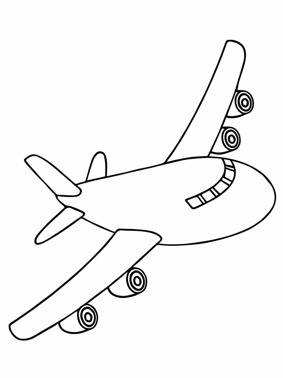 Desenho para colorir de um grande avião de carga visto de baixo, com asas longas com dois motores em cada uma.