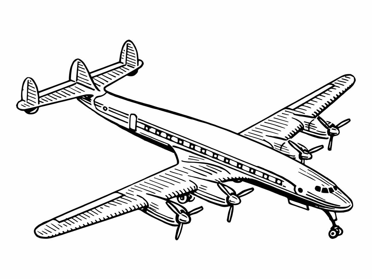 Desenho para colorir de um avião de hélice, visto de uma perspectiva superior e ligeiramente frontal.