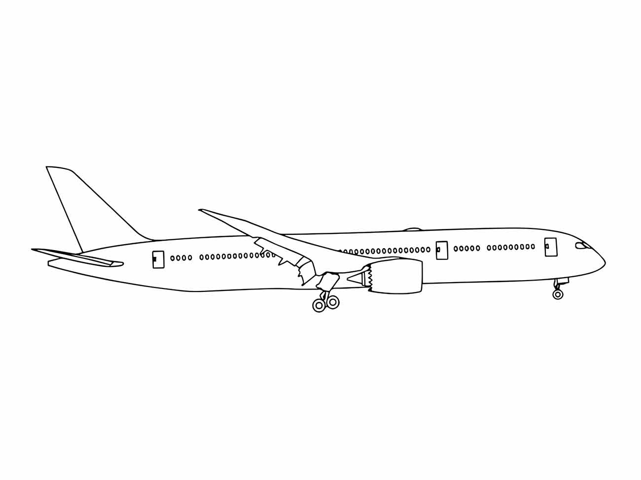 Desenho para colorir de um avião comercial moderno visto de perfil, com detalhe das janelas, porta e trem de pouso, bem como asas que se estendem para trás.