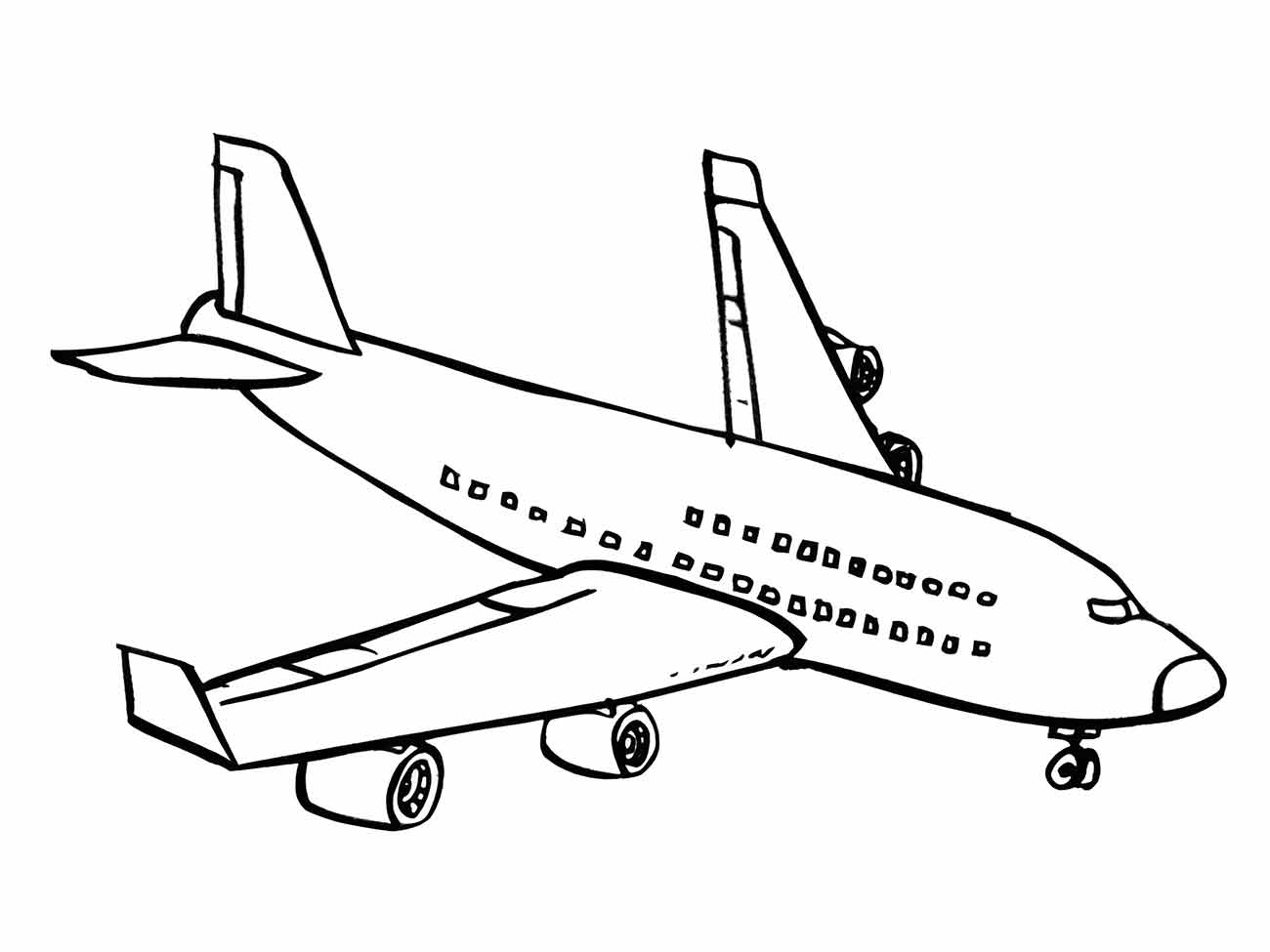 Desenho para colorir de um avião comercial visto de um ângulo frontal e inferior, mostrando o trem de pouso dianteiro e duas turbinas sob as asas.