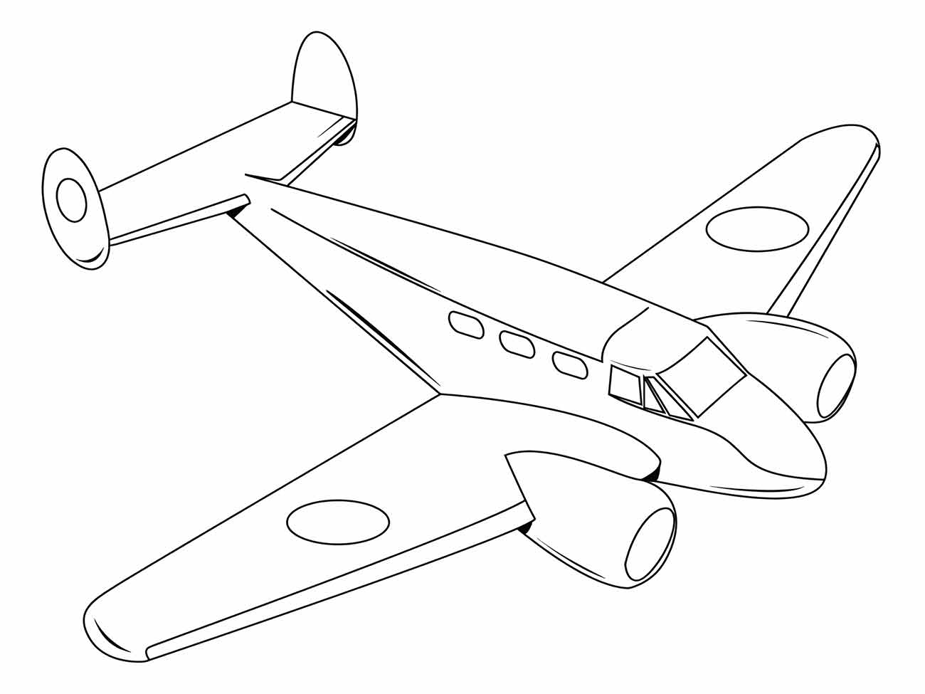 Desenho para colorir de um avião bimotor, visto de cima.