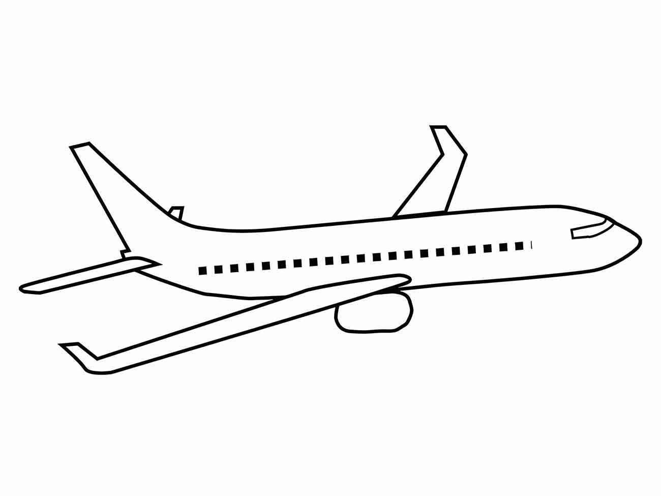 Desenho para colorir de um avião comercial moderno visto de lado, com a cauda vertical, uma turbina no lado direito e janelas ao longo do fuselagem.