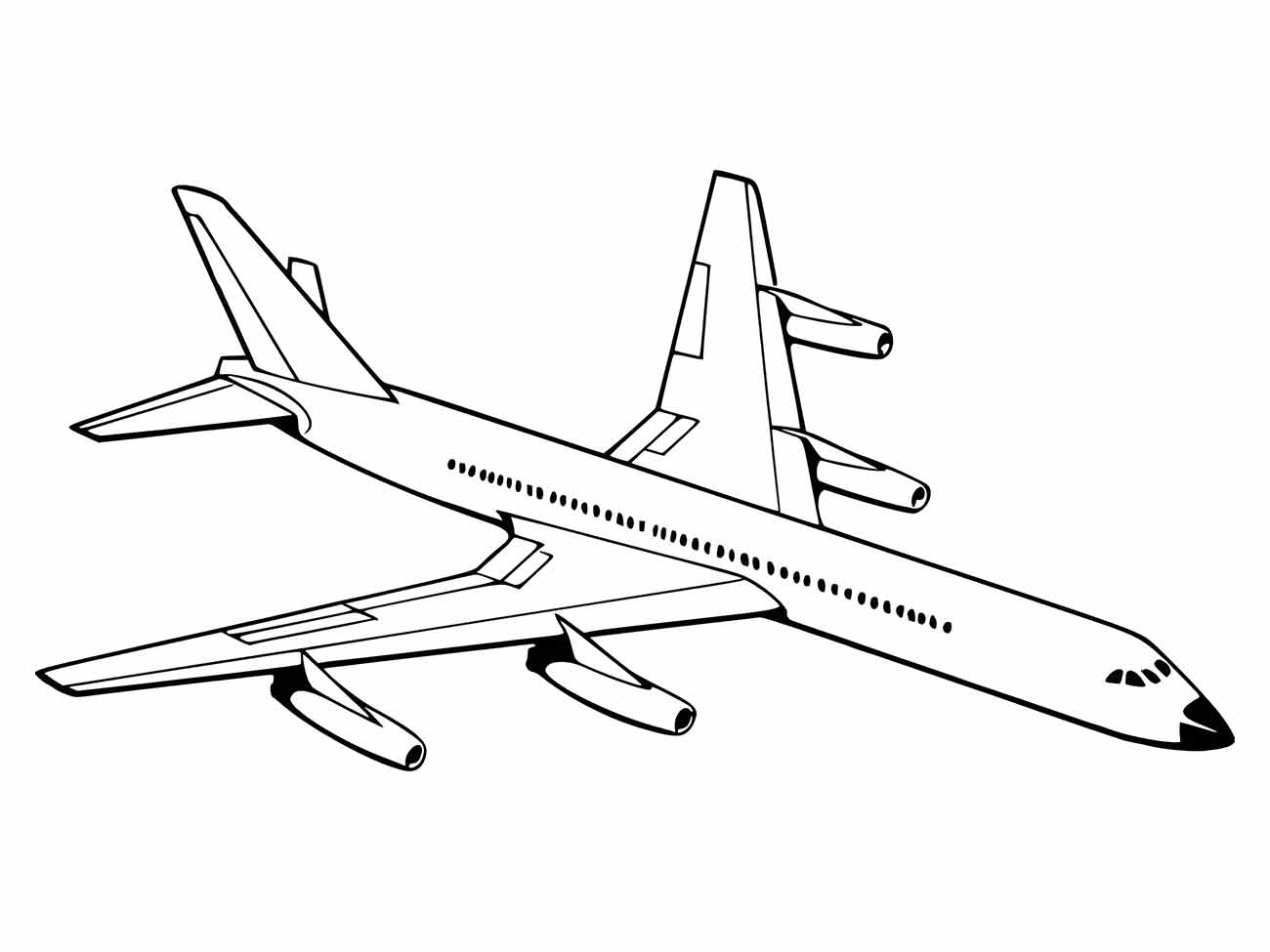 Desenho para colorir de um grande avião comercial quadrimotor visto de cima, com detalhes das janelas, portas e asas com dois motores em cada uma.