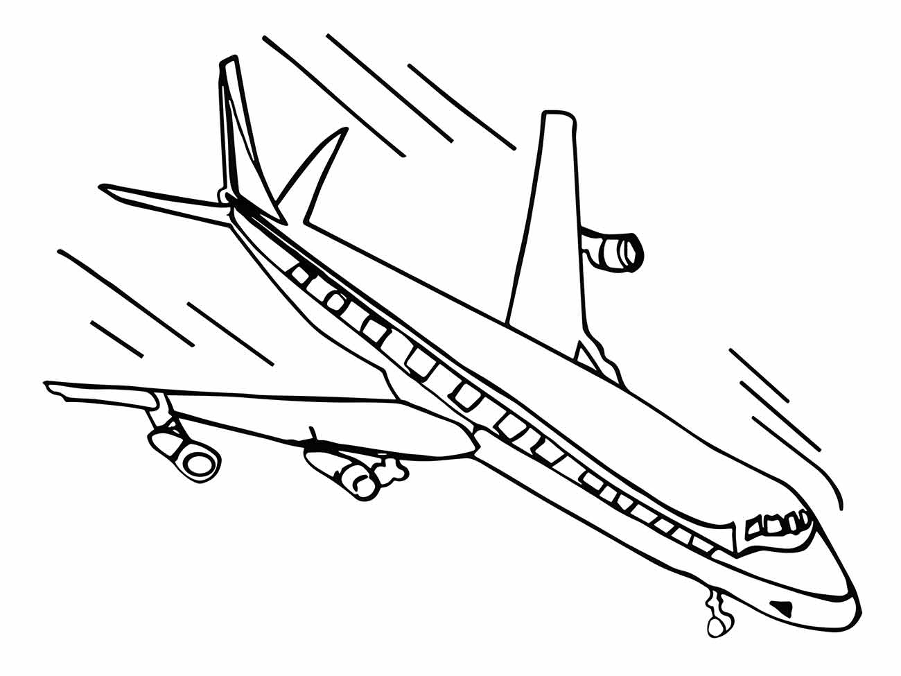 Desenho para colorir de um avião de passageiros em voo, visto de baixo, com traços que indicam movimento e todas as quatro turbinas visíveis sob as asas.