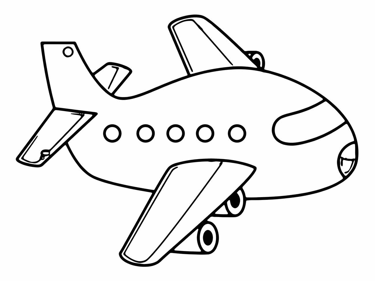 Desenho para colorir de um avião de carga, com asas altas, cockpit amplo, visto de frente e ligeiramente de cima.