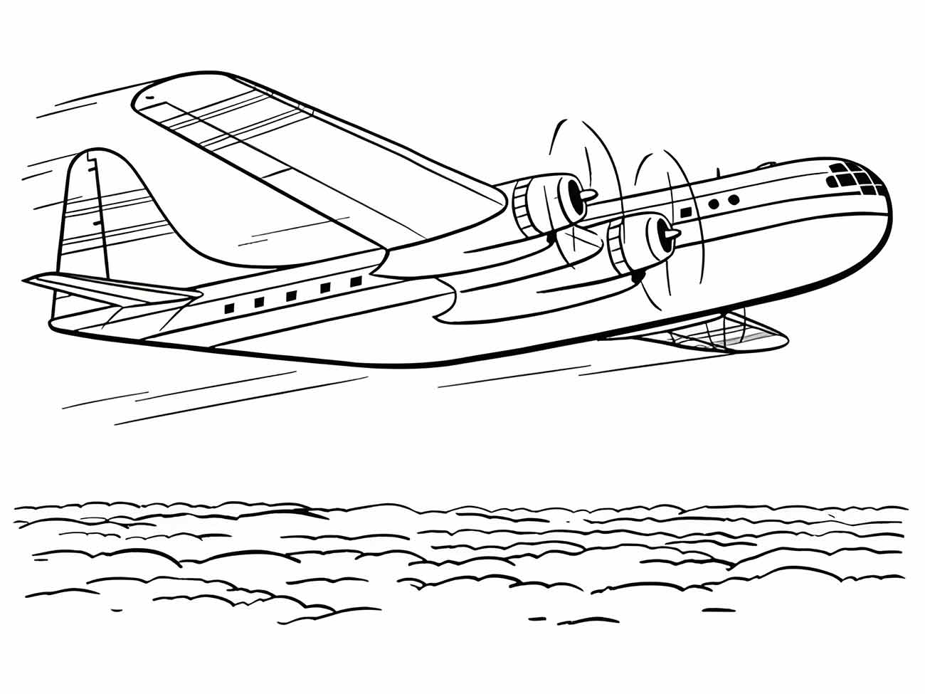 Desenho para colorir de um hidroavião com hélices girando, sobre ondas, indicando movimento, com detalhes do cockpit e asas com suportes.