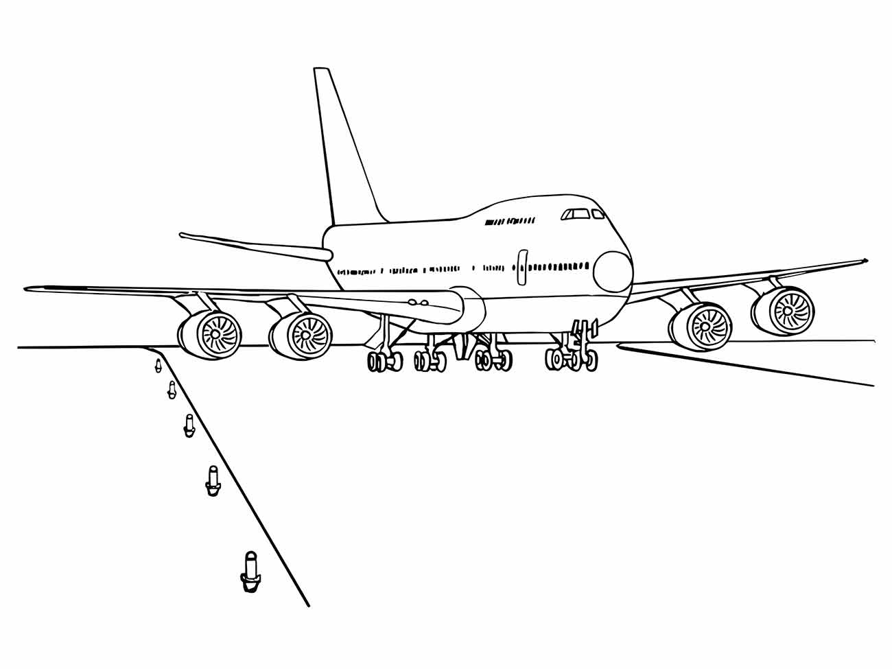 Desenho para colorir de um avião comercial com trem de pouso visível, asas anguladas para cima e uma fila de janelas do cockpit e cabine.