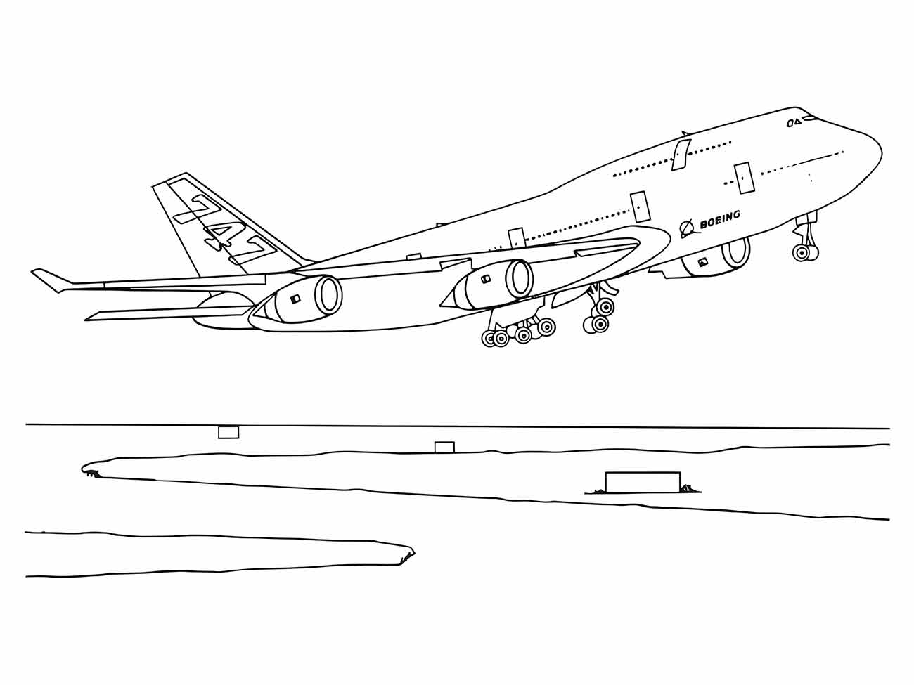 Desenho para colorir de um grande avião comercial Boeing visto de lado durante a decolagem, com trem de pouso parcialmente retraído e a pista e terminal ao fundo.