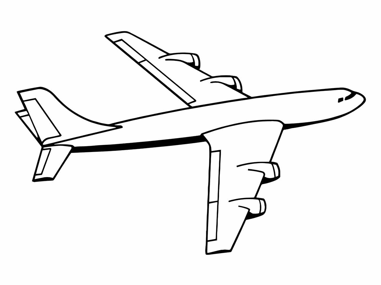 Desenho para colorir de um avião comercial visto de cima, com asas largas e dois motores em cada asa.