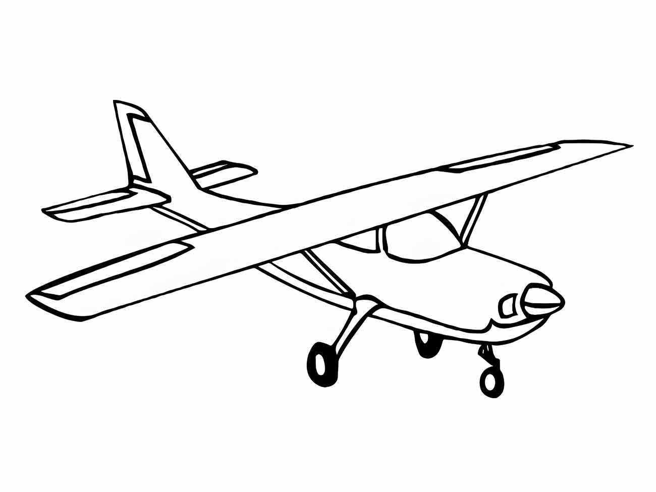 Desenho para colorir de uma pequena aeronave monomotor com trem de pouso fixo, vista de perfil