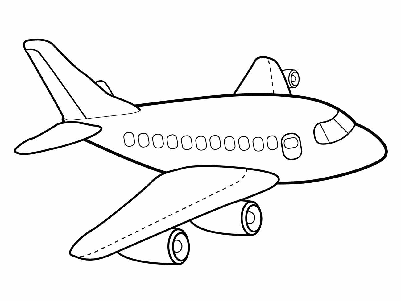 Desenho para colorir de um avião comercial de corpo largo visto de frente, com várias turbinas nas asas.