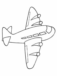 Desenho para colorir de um avião de carga visto de cima, com asas altas e quatro motores, com detalhes das janelas laterais e do cockpit.