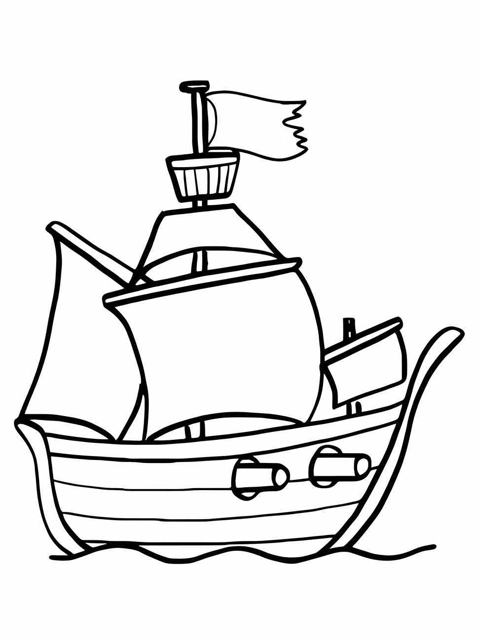 Desenho para colorir de um barco antigo com velas e uma bandeira no topo.